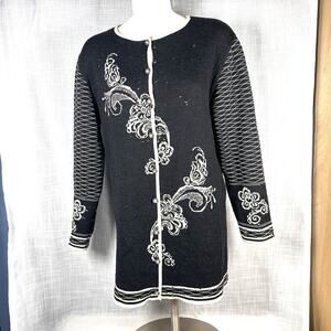 VTG Black Vrikke Women’s Norwegian Sweater 100% Wool Abstract Embroidered XL